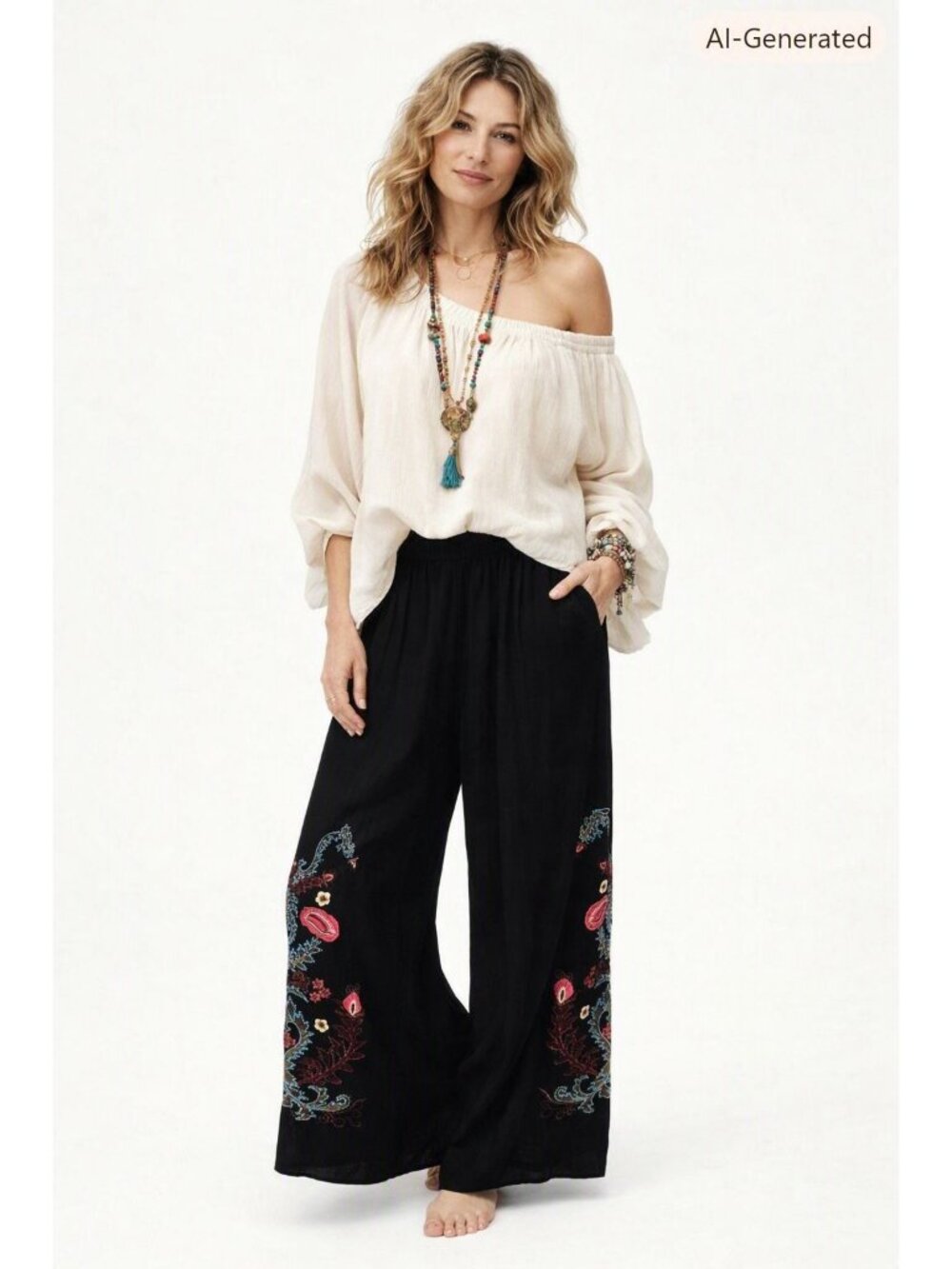 NWT Avanti Black Wide Leg Floral Embroidery Palazzo Pants Cottage Core Womens L